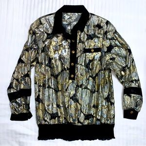 Vintage 80s 90s Gold Silver Metallic Lame Eyelash Floral Long Shirt Blouse Top